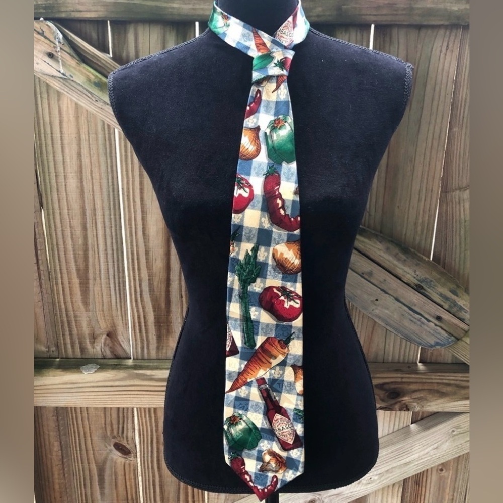 Vintage Tabasco Blue & White Checked Silk Necktie with Veggies & Spicy Hot Sauce